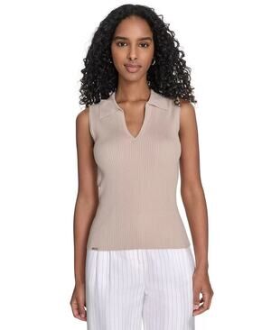 Calvin Klein Women's Sleeveless Collared V-Neck Top in Khaki